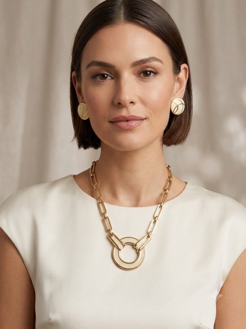 Gold and Cream Link Necklace with Matching Earrings